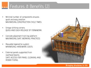 Features & Benefits (2)
• Minimal number of components ensures
quick and easy erection
MAXIMISING CONSTRUCTION CYCLE TIMES
• Unique striking corners
QUICK AND EASY RELEASE OF FORMWORK
• Concrete placement from top platform
MAXIMISING SAFE WORKING PRACTICES
• Reusable tapered tie system
MINIMISING HARDWARE COSTS
• External panels supported from
overhead beams
SAFE ACCESS FOR PANEL CLEANING AND
REBAR FIXING
 