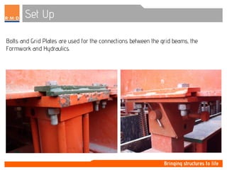 Set Up
Bolts and Grid Plates are used for the connections between the grid beams, the
Formwork and Hydraulics.
 
