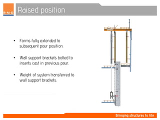 Raised position
• Forms fully extended to
subsequent pour position.
• Wall support brackets bolted to
inserts cast in previous pour.
• Weight of system transferred to
wall support brackets.
 
