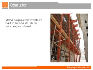 Operation
External Hanging access brackets are
added on the initial lifts until the
desired length is achieved.
 