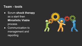 Team - tools
● Scrum shock therapy
as a start then
Minialistic Viable
process
● Communication to
management and
reporting
 