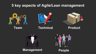 5 key aspects of Agile/Lean management
Team Technical Product
Management People
 