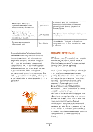 5
Молодіжна громадська
організація «Фізкультурно-
спортивний клуб Тростянець»
Село Бродки
Створення умов для оздоровчого
відпочинку, фізичного та культурного
розвитку дітей і молоді Бродківської
сільської ради
Громадська організація
«Громадський ресурсний
центр розвитку села Терново»,
Закарпатська область
Село Терново
Оцифрування фільмів історичної спадщини
села Терново
Громадська організація
«Калиновий рай»
Село Вовків
Старому саду – нове життя. Створення
зони відпочинку на базі громадського саду
в с. Вовків
ДІЙСНО
РАЗОМ
Одним із завдань Проекту виконавці
ставили мотивацію учасників процесів
сільського розвитку до співпраці при
вирішенні місцевих проблем. У вересні
2014 року ми запросили наших колег
з українських НУО та органів місцевого
самоврядування, що працюють у восьми
підтриманих громадах, взяти участь
у стажувальній поїздці до Словаччини. Ми
хотіли, щоб натхнення та досвід словацьких
колег, передався їм при здійсненні процесів
розвитку.
ВІДВІДАНІ ОРГАНІЗАЦІЇ:
ETP Словаччина (Ранковці), Фонд громади
Бардейова (Бардейов), село Свержов,
СОСНА (Дружстевна прі Горнаде), АЛЬМА
Центр (Яблоньов над Турньов).
Дане видання є збіркою кращих прикладів
та досвіду словацьких та українських
громад. Воно також має стати мотиваційним
інструментом для активістів із сільського
розвитку. Протягом виконання цього
дворічного Проекту Карпатський
фонд Словаччина випробував свою
методологію для мобілізації міжсекторного
співробітництва та самодопомоги
в Україні, а також створив платформу для
ефективної передачі досвіду та створення
мережі сільських громад. Разом із своїми
українськими колегами ми будемо
застосовувати дану методологію в інших
громадах України. Адже створення мереж
та інші заходи із розповсюдження досвіду
та кращих прикладів є додатковим внеском
у забезпечення сталості результатів
Проекту.
 