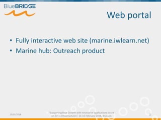 "Supporting Blue Growth with innovative applications based
on EU e-infrastructures”, 14-15 February 2018, Brussels
Web portal
• Fully interactive web site (marine.iwlearn.net)
• Marine hub: Outreach product
15/02/2018 12
 