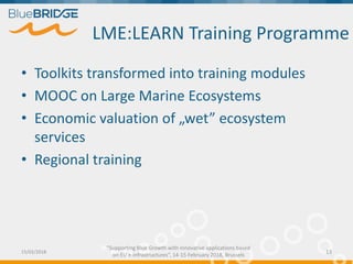 "Supporting Blue Growth with innovative applications based
on EU e-infrastructures”, 14-15 February 2018, Brussels
LME:LEARN Training Programme
• Toolkits transformed into training modules
• MOOC on Large Marine Ecosystems
• Economic valuation of „wet” ecosystem
services
• Regional training
15/02/2018 13
 