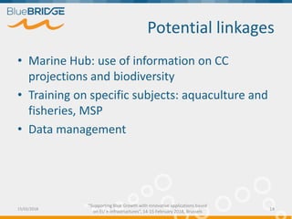 "Supporting Blue Growth with innovative applications based
on EU e-infrastructures”, 14-15 February 2018, Brussels
Potential linkages
• Marine Hub: use of information on CC
projections and biodiversity
• Training on specific subjects: aquaculture and
fisheries, MSP
• Data management
15/02/2018 14
 