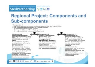 Regional Project: Components and
Sub-components
Component 1
Integrated Approaches for the Implementation of th SAP and NAPs:
I t     t d A      h    f  th I  l    t ti    f the SAPs d NAP
ICZM, IWRM and Management of Coastal Aquifers
1.1 Management of coastal Aquifers
1.2. Integrated Coastal Zone Management
1.3. Integrated Water resource Management


Component 2                  SAPMED   Component 4                  SAPBIO Component 3
Pollution from Land-                  Project Coordination,               Conservation of
based activities including            Replication and                     Biological Diversity:
POPs: Implementation of               Communication                       Implementation of SAP-
SAPMED and related                    strategies, and                     BIO and related NAPs
NAPs                                  Management and M&E                  3.1.Conservation of Coastal
2.1 Facilitation of policy            4.1. Project Coordination,          Marine Diversity through
and legislation reforms for           Management and M&E                  the development of a
pollution control                     (sus financing)                     Mediterranean MPA
2.2 Transfer of                       4.2 Information and                 Network
Environmentally Sound                 Communication Strategies            3.2. Promote the
Technology (TEST-MED)
           gy (            )          4.3. Replication Strategy           sustainable use of fisheries
2.3. Environmentally sound                                                resources in the
management of equipment,                                                  Mediterranean through the
stocks and wastes                                                         development and
containing or contaminated                                                application of Ecosystem-
by PCBs in national                                                       based Management
electricity companies of
          y     p                                                         Approaches
Mediterranean countries
 