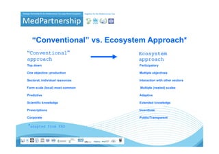 “Conventional” vs. Ecosystem Approach*
    Conventional                Approach
“Conventional”                   Ecosystem
approach                         approach
Top down                         Participatory

One objective: production        Multiple objectives

Sectoral, individual resources   Interaction with other sectors

Farm scale (local) most common   Multiple (nested) scales

Predictive
P di ti                          Adaptive
                                 Ad ti

Scientific knowledge             Extended knowledge

Prescriptions                    Incentives

Corporate                        Public/Transparent

*adapted        from FAO
 