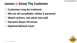 How to Trump Marketing
C.K. Kumar @SupraMBA
Lesson 1: Know Thy Customer
 Customers may be irrational
 We are all snowflakes. Make it personal
 Watch actions, not what was said
 Dynamic Buyer Personas
 Optimal Refresh Cycle
 