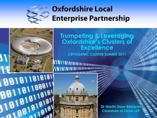 Trumpeting & Leveraging Oxfordshire’s Clusters of Excellence CRYOGENIC CLUSTER SUMMIT 2011 Dr Martin Dare-EdwardsChairman of Oxon-LEP 
