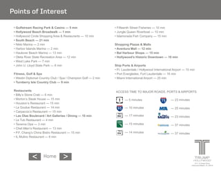 Points of Interest




                           —  10  minutes

                           —  17  minutes




                           —  14  minutes




                  <
       <   Home
                                                2711 S Ocean Drive
                                            Hollywood Beach, FL 33019
 