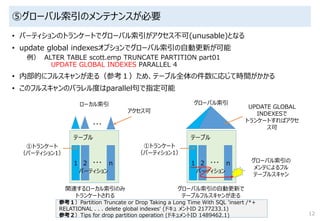 ⑤グローバル索引のメンテナンスが必要
• パーティションのトランケートでグローバル索引がアクセス不可(unusable)となる
• update global indexesオプションでグローバル索引の自動更新が可能
例） ALTER TABLE scott.emp TRUNCATE PARTITION part01
UPDATE GLOBAL INDEXES PARALLEL 4
• 内部的にフルスキャンが走る（参考１）ため、テーブル全体の件数に応じて時間がかかる
• このフルスキャンのパラレル度はparallel句で指定可能
12
テーブル
1 2 n・・・
パーティション
①トランケート
（パーティション1）
テーブル
1 2 n・・・
パーティション
①トランケート
（パーティション1）
・・・
ローカル索引 グローバル索引
関連するローカル索引のみ
トランケートされる
グローバル索引の自動更新で
テーブルフルスキャンが走る
グローバル索引の
メンテによるフル
テーブルスキャン
参考１）Partition Truncate or Drop Taking a Long Time With SQL 'insert /*+
RELATIONAL . . . delete global indexes' (ドキュ メントID 2177233.1)
参考２）Tips for drop partition operation (ドキュメントID 1489462.1)
UPDATE GLOBAL
INDEXESで
トランケートすればアクセ
ス可
アクセス可
 