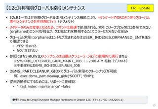 【12c】非同期グローバル索引メンテナンス
• 12cR1～では非同期グローバル索引メンテナンス機能により、トランケートやDROPに伴うグローバル
索引メンテナンスを非同期に行う（デフォルト）
• メタデータのみの変更となるため、コマンドは高速で処理される。索引のリーフブロックには参照できない
(orphaned)エントリが残るが、クエリはこれを無視することでエラーにならない仕組み
• グローバル索引にorphanedエントリが含まれるかはUSER_INDEXES.ORPHANED_ENTRIES
で確認できる
• YES: 含まれる
• NO: 含まれない
• 参照できないROWIDメンテナンスは自動スケジューラ・ジョブで定期的に実行される
※SYS.PMO_DEFERRED_GIDX_MAINT_JOB ・・・2:00 A.M.起動（デフォルト）
※手動実行はDBMS_SCHEDULER.RUN_JOB
• DBMS_PART.CLEANUP_GIDXでグローバル索引のクリーンナップが可能
例）exec dbms_part.cleanup_gidx(‘SCOTT’, ‘EMP');
• 従来の動作にするためには、サポートに要確認
• "_fast_index_maintenance"=false
13
参考）How to Drop/Truncate Multiple Partitions in Oracle 12C (ドキュメントID 1482264.1)
12c update
 