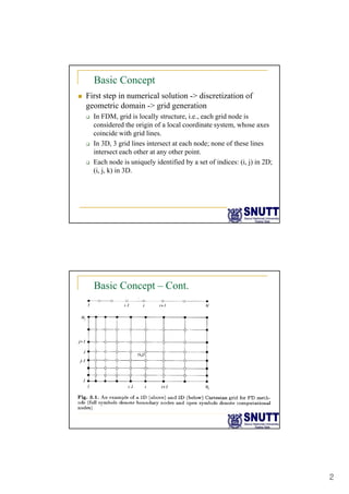 2
Basic Concept
„ First step in numerical solution -> discretization of
geometric domain -> grid generation
‰ In FDM grid is locally structure i e each grid node is
‰ In FDM, grid is locally structure, i.e., each grid node is
considered the origin of a local coordinate system, whose axes
coincide with grid lines.
‰ In 3D, 3 grid lines intersect at each node; none of these lines
intersect each other at any other point.
‰ Each node is uniquely identified by a set of indices: (i, j) in 2D;
(i j k) in 3D
(i, j, k) in 3D.
Basic Concept – Cont.
 