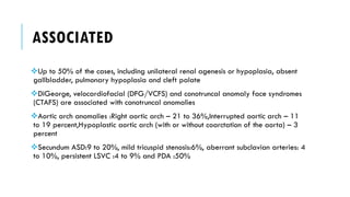 ASSOCIATED
Up to 50% of the cases, including unilateral renal agenesis or hypoplasia, absent
gallbladder, pulmonary hypoplasia and cleft palate
DiGeorge, velocardiofacial (DFG/VCFS) and conotruncal anomaly face syndromes
(CTAFS) are associated with conotruncal anomalies
Aortic arch anomalies :Right aortic arch – 21 to 36%,Interrupted aortic arch – 11
to 19 percent,Hypoplastic aortic arch (with or without coarctation of the aorta) – 3
percent
Secundum ASD:9 to 20%, mild tricuspid stenosis:6%, aberrant subclavian arteries: 4
to 10%, persistent LSVC :4 to 9% and PDA :50%
 