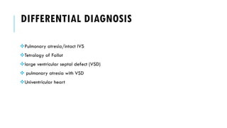 DIFFERENTIAL DIAGNOSIS
Pulmonary atresia/intact IVS
Tetralogy of Fallot
large ventricular septal defect (VSD)
 pulmonary atresia with VSD
Univentricular heart
 