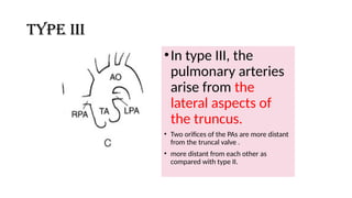 Type III
•In type III, the
pulmonary arteries
arise from the
lateral aspects of
the truncus.
• Two orifices of the PAs are more distant
from the truncal valve .
• more distant from each other as
compared with type II.
 