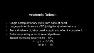Anatomic Defects
• Single aortopulmonary trunk from base of heart
• Large perimembranous VSD (obligatory) below truncus
• Truncal valve – bi, tri or quadricuspid and often incompetent.
• Pulmonary artery arise in several patterns
• Truncal overriding equally in 60 – 80%,
to right in 10-30%,
left in 4 – 6%
21
 