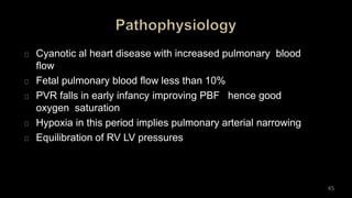 Cyanotic al heart disease with increased pulmonary blood
flow
Fetal pulmonary blood flow less than 10%
PVR falls in early infancy improving PBF hence good
oxygen saturation
Hypoxia in this period implies pulmonary arterial narrowing
Equilibration of RV LV pressures
45
 