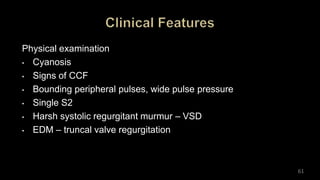 Physical examination
• Cyanosis
• Signs of CCF
• Bounding peripheral pulses, wide pulse pressure
• Single S2
• Harsh systolic regurgitant murmur – VSD
• EDM – truncal valve regurgitation
61
 