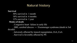 Survival
50% survival in 1 month
18% survival in 6 months
12% survival in 1 year
Modes of death
. Congestive heart failure in early life
. SBE, cerebral abscess → Eisenmenger syndrome (death in 3rd
decade)
. Adversely affected by truncal regurgitation, IAA, CoA
. Survival is favorably affected by PS
62
 