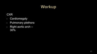 CXR
• Cardiomegaly
• Pulmonary plethora
• Right aortic arch –
30%
67
 