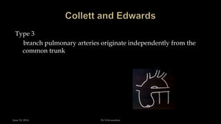 Type 3
branch pulmonary arteries originate independently from the
common trunk
June 10, 2014 Dr S.Sivasankar
 