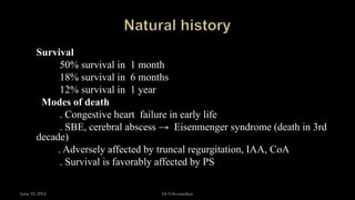 Survival
50% survival in 1 month
18% survival in 6 months
12% survival in 1 year
Modes of death
. Congestive heart failure in early life
. SBE, cerebral abscess → Eisenmenger syndrome (death in 3rd
decade)
. Adversely affected by truncal regurgitation, IAA, CoA
. Survival is favorably affected by PS
June 10, 2014 Dr S.Sivasankar
 