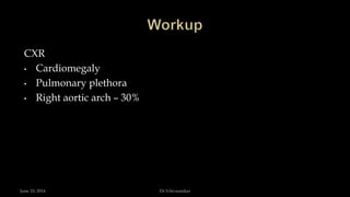 CXR
• Cardiomegaly
• Pulmonary plethora
• Right aortic arch – 30%
June 10, 2014 Dr S.Sivasankar
 