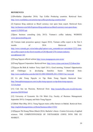 23
REFERENCES
[1]Worldatlas (September 2016). Top Coffee Producing countries. Retrieved from:
http://www.worldatlas.com/articles/top-coffee-producing-countries.html
[2] Espresso King undercut as Brazil currency rout spurs bean export. Retrieved from:
http://en.baomoi.com/Info/Espresso-King-undercut-as-Brazil-currency-rout-spurs-bean-
export/11/582693.epi
[3]Ipsos business consulting (July 2013). Vietnam´s coffee industry. WEBSITE
www.ipsosconsulting.com
[4] Vietnam trade promotion agency( August 2014). Vietnam coffee export in the first 6
months of 2014. Retrieved from:
http://www.vietrade.gov.vn/en/index.php?option=com_content&view=article&id=2222:vietn
am-coffee-export-in-the-first-6-months-of-2014&catid=270:vietnam-industry-
news&Itemid=363
[5]Trung Nguyen official website http://www.trungnguyen.com.vn/en/
[6]Trung Nguyen Corporation. Retrieved from: http://www.vietaz.com/store/512/about.htm
[7]Nguyen Ba Binh & Andrew Terry (April 2011). Good morning, Vietnam! Opportunities
and Challenges in developing franchise Sector. Retrieved from:
http://www.tandfonline.com/doi/full/10.1080/1046669X.2011.558831?src=recsys&
[8] Cà phê Trung Nguyên và Tập Đoàn Trung Nguyên Retrieved from:
http://bancaphetrungnguyen.com/ca-phe-trung-nguyen-va-tap-doan-trung-nguyen-
31315u.html
[11] Cafe hòa tan Passiona. Retrieved from: http://weaselcoffee.com.vn/cafe-hoa-tan-
passiona-266349.html
[12] University of Economic Ho Chi Minh City, Faculty of Business Management(
September 2015). Company and Sales Trung Nguyen
[13]Minh Nhat (May 2011). Trung Nguyen trains coffee farmers in Daklak. Retrieved from:
http://english.thesaigontimes.vn/Home/business/other/17216/
[14]Nguyen Thi Hoang Nhien (March 2016). Bachelor´s thesis - Centria University of applied
sciences. THE COMPETITIVENESS OF VIETNAMESE COFFE INTO THE EU
MARKET.
 