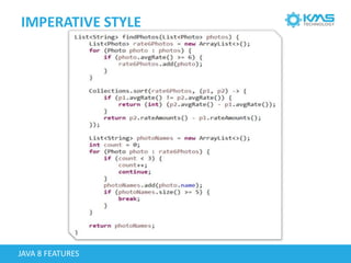 IMPERATIVE STYLE
JAVA 8 FEATURES
 