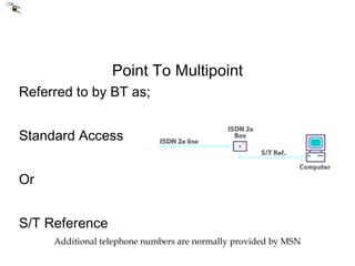 Point To Multipoint Referred to by BT as; Standard Access Or S/T Reference Additional telephone numbers are normally provided by MSN 
