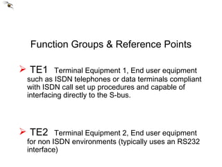 Function Groups & Reference Points TE1   Terminal Equipment 1, End user equipment such as ISDN telephones or data terminals compliant with ISDN call set up procedures and capable of interfacing directly to the S-bus. TE2   Terminal Equipment 2, End user equipment for non ISDN environments (typically uses an RS232 interface) 