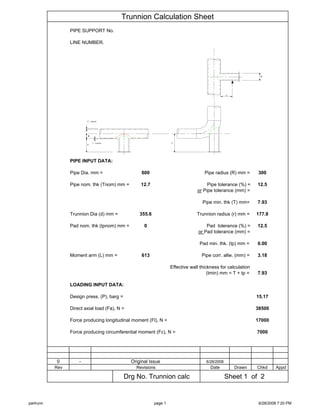 Trunnion Calculation Sheet
PIPE SUPPORT No.
LINE NUMBER.
PIPE INPUT DATA:
Pipe Dia. mm = 600 Pipe radius (R) mm = 300
Pipe nom. thk (Tnom) mm = 12.7 Pipe tolerance (%) = 12.5
or Pipe tolerance (mm) =
Pipe min. thk (T) mm= 7.93
Trunnion Dia (d) mm = 355.6 Trunnion radius (r) mm = 177.8
Pad nom. thk (tpnom) mm = 0 Pad tolerance (%) = 12.5
or Pad tolerance (mm) =
Pad min. thk. (tp) mm = 0.00
Moment arm (L) mm = 613 Pipe corr. allw. (mm) = 3.18
Effective wall thickness for calculation
(tmin) mm = T + tp = 7.93
LOADING INPUT DATA:
Design press. (P), barg = 15.17
Direct axial load (Fa), N = 38500
Force producing longitudinal moment (Fl), N = 17000
Force producing circumferential moment (Fc), N = 7000
0 - Original Issue 6/28/2008
Rev Revisions Date Drawn Chkd Appd
Drg No. Trunnion calc Sheet 1 of 2
partrunn page 1 6/28/2008 7:20 PM
 