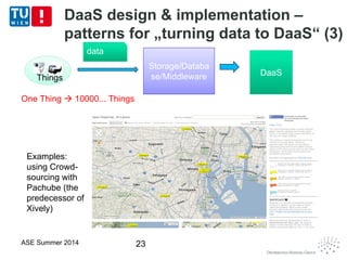 Storage/Databa
se/Middleware
Storage/Databa
se/Middleware
DaaS design & implementation –
patterns for „turning data to DaaS“ (3)
ASE Summer 2014 23
datadata
Examples:
using Crowd-
sourcing with
Pachube (the
predecessor of
Xively)
Things
One Thing  10000... Things
DaaSDaaS
 