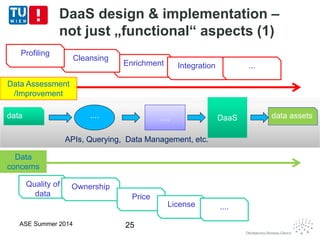 ........
DaaS design & implementation –
not just „functional“ aspects (1)
ASE Summer 2014 25
datadata DaaSDaaS.... data assetsdata assets
Data
concerns
Quality of
data
Ownership
Price
License ....
Enrichment
Cleansing
Profiling
Integration ...
Data Assessment
/Improvement
APIs, Querying, Data Management, etc.
 