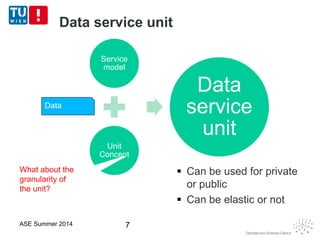 Data service unit
ASE Summer 2014 7
Service
model
Unit
Concept
Data
service
unit
Data
 Can be used for private
or public
 Can be elastic or not
What about the
granularity of
the unit?
What about the
granularity of
the unit?
 