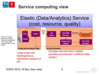 Service computing view
ICSOC 2015, 19 Nov, Goa, India 3
Large-scale and
heterogeneous
distributed systems of
IoT
Complex services from multiple
providers provisioned in different data
centers
Elastic (Data/Analytics) Service
(cost, resource, quality)
Elastic (Data/Analytics) Service
(cost, resource, quality)
Hong Linh Truong,
Schahram Dustdar:
Programming Elasticity
in the Cloud. IEEE
Computer 48(3): 87-90
(2015)
Hong Linh Truong,
Schahram Dustdar:
Programming Elasticity
in the Cloud. IEEE
Computer 48(3): 87-90
(2015)
 