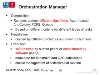 Orchestration Manager
 Composition
 Runtime, various different algorithms: Agent-based,
Ant Colony, FCFS, Greedy
 Based on different criteria for different types of tasks
 Negotiation
 Guided by different protocols but driven by humans
 Execution
 self-enacted by human peers or orchestrated by
software peer(s)
• monitored for constraint and QoR satisfaction
• elastic management of collectives at runtime
8th IEEE SOCA, 20 Oct, 2015, Rome, Italy 15
 