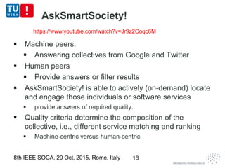 AskSmartSociety!
 Machine peers:
 Answering collectives from Google and Twitter
 Human peers
 Provide answers or filter results
 AskSmartSociety! is able to actively (on-demand) locate
and engage those individuals or software services
 provide answers of required quality.
 Quality criteria determine the composition of the
collective, i.e., different service matching and ranking
 Machine-centric versus human-centric
8th IEEE SOCA, 20 Oct, 2015, Rome, Italy 18
https://www.youtube.com/watch?v=Jr9z2Coqc6M
 