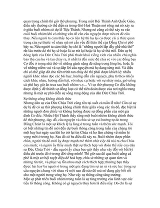 quan trong chính thì giờ thờ phượng. Trong một Hội Thánh Anh Quốc Giáo,
điều nầy thường có thể diễn ra trong Giờ Hoà Thuận mở rộng mà nó xảy ra
ở giữa buổi nhóm có dự lễ Tiệc Thánh. Nhưng nó cũng có thể xảy ra vào
cuối buổi nhóm khi có những vấn đề cần cầu nguyện được nêu ra để cầu
thay. Nếu người ta cảm thấy họ có liên hệ thì họ lại có được cái ý thức quan
trọng của sự thuộc về nhau mà nó cần yếu để thân thể của Đấng Christ phô
bày ra. Nếu người ta cảm thấy họ chỉ là “những người lấp đầy ghế nhà thờ”
rất lâu trước đó thì họ sẽ hoặc là co rút lại hoặc là họ sẽ thả trôi. Dân sự bị
đông lạnh của Đức Chúa Trời phải thoát khỏi xiềng xích của nhiều chủ nghĩa
bảo thủ của họ và tan chảy ra, ít nhất là đến mức độ chia sẻ với các đồng bạn
Cơ đốc ở trong nhà thờ về những gánh nặng đè nặng trong lòng họ, hoặc là
về những niềm vui và sự đáp lời cầu nguyện mà họ đang từng trải. Và điều
chi có thể giúp đỡ cho tiến trình tan chảy đó thì phải được khích lệ: nhiều
người khác nhau đọc các bài học, hướng dẫn cầu nguyện, phụ tá theo nhiều
cách khác nhau, hướng dẫn hát, với nhạc cụ hoặc với sự nhảy múa, giờ uống
cà phê hay giờ ăn trưa sau buổi nhóm v.v.... Vì sự thờ phượng Cơ đốc không
được định ý để thành sự đồng loạt có thể tiên đoán được của nơi nghĩa trang
nhưng là một sự phô diễn sự sống rung động của dân Đức Chúa Trời.
Sự thông công không chính thức
Nhưng dân sự của Đức Chúa Trời cũng tồn tại suốt cả tuần lễ nữa! Cần có sự
dự bị để có sự thờ phượng không chính thức giữa vòng các tín đồ, đặc biệt là
những người đơn chiếc và không hưởng được sự đồng phần của một gia
đình Cơ đốc. Nhiều Hội Thánh thấy rằng một buổi nhóm không chính thức
để thờ phượng, dạy dỗ, cầu nguyện và chia sẻ sự vui hưởng tự do trong
Đấng Christ là một sự khích lệ lạ lùng ở trong tuần và thêm sức mạnh. Tôi
có biết những tín đồ mới đến dự buổi thông công trong tuần của chúng tôi
một hay hai ngày sau khi họ trở lại tin Chúa và họ làm chứng về niềm hi
vọng mới ở trong họ. Sau đó có ba điều đã xảy ra. Buổi nhóm được phấn
chấn, người tín đồ mới ấy được mạnh mẽ thêm nhờ việc đã nói ra cho Chúa
của mình; và người ấy thấy mình thật sự thích hợp với đoàn thể nầy của dân
sự Đức Chúa Trời - dầu người ấy chưa bao giờ thấy như vậy đối với bất kỳ
điều chi trước đó ở trong đời sống mình! Thì giờ sau đó qua buổi uống cà
phê là một cơ hội tuyệt diệu để hoà hợp, chia sẻ những sự quan tâm và
những tin tức, và phục vụ lẫn nhau một cách thích hợp; thường bạn thấy
được hai hay ba người ở trong một góc đang tìm sự an ủi và sức lực trong sự
cầu nguyện chung với nhau về một nan đề nào đó mà nó đang gây bối rối
cho một người trong vòng họ. Như vậy sự thông công tăng trưởng.
Một sự phát triển buổi nhóm trong tuần là sự tăng trưởng của lãnh vực các
tiểu tổ thông công. Không có gì nguyên thuỷ hơn là điều nầy. Đó chỉ là sự
 