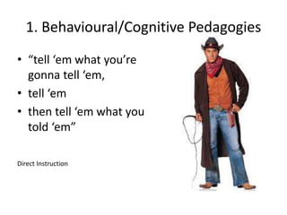 1. Behavioural/Cognitive Pedagogies
• “tell ‘em what you’re
gonna tell ‘em,
• tell ‘em
• then tell ‘em what you
told ‘em”
Direct Instruction
 