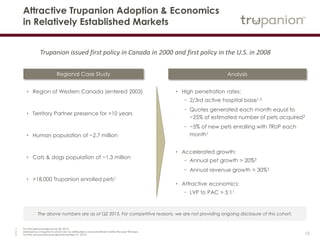 10
Attractive Trupanion Adoption & Economics
in Relatively Established Markets
• Region of Western Canada (entered 2003)
• Territory Partner presence for >10 years
• Human population of ~2.7 million
• Cats & dogs population of ~1.3 million
• >18,000 Trupanion enrolled pets1
• High penetration rates:
− 2/3rd active hospital base1,2
− Quotes generated each month equal to
~25% of estimated number of pets acquired2
− ~5% of new pets enrolling with TRUP each
month1
• Accelerated growth:
− Annual pet growth > 20%3
− Annual revenue growth > 30%3
• Attractive economics:
− LVP to PAC > 5:11
Regional Case Study Analysis
Trupanion issued first policy in Canada in 2000 and first policy in the U.S. in 2008
1 For the period ended June 30, 2015.
2 Defined as a hospital to which we’ve attributed a new enrollment within the past 90 days.
3 For the annual period ended December 31, 2014.
The above numbers are as of Q2 2015. For competitive reasons, we are not providing ongoing disclosure of this cohort.
 