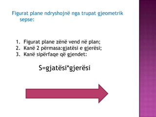 Figurat plane ndryshojnë nga trupat gjeometrik
sepse:
1. Figurat plane zënë vend në plan;
2. Kanë 2 përmasa:gjatësi e gjerësi;
3. Kanë sipërfaqe që gjendet:
S=gjatësi*gjerësi
 