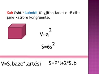 Kub është kuboidi,të gjitha faqet e të cilit
janë katrorë kongruentë.
V=a
3
S=6s2
V=S.baze*lartësi S=P*l+2*S.b
 