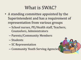 What is SWAC?
• A standing committee appointed by the
Superintendent and has a requirement of
representation from various ...