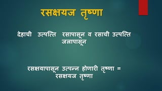 रिक्षयज तृष्णा
िेहािी उसपत्सत रिापािून व रिािी उसपत्सत
जलापािून
रिक्षयापािून उसपन्न होणारी तृष्णा =
रिक्षयज तृष्णा
 