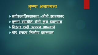 तृष्णा अिाध्यसव
िवाास्सवततप्रिाक्ता -जीणा झाल्यावर
तृष्णा व्याधीने रोगी िृ श झाल्याि
तनरुंतर छिी उसपन्न झाल्याने
घोर उपद्रव तनमााण झाल्याि
 