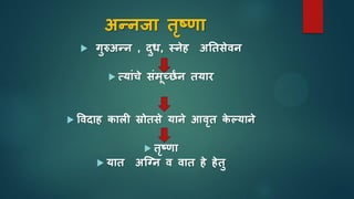 अन्नजा तृष्णा
 गुरुअन्न , िुध, स्नेह अततिेवन
 सयाुंिे िुंमूच्छंन तयार
 वविाह िाली स्रोतिे याने आवृत िे ल्याने
 तृष्णा
 यात अत्ग्न व वात हे हेतु
 