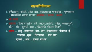 बाह्यचिकिसिा
 दधधमस्तु, काांजी, ओले वस्र, कमळाच्या पाकळ्या , पुष्पमाला
, मणयाांच्या माळा याांच्या स्पशाािे / धारण करणे
 स्री स्पशा
 स्मरण – हहमालयातील विे ,िद्या,सरोवरे, पवात, कमलपुष्पे,
शीत –मांद- सुगांधी वारा , चांद्रमाची शीतल ककरणे
 प्रलेप – जुंबू ,आम्राति, बोर, वेत ,पुंिवल्िल ,पुंिाम्ल ई
उरप्रिेश ,मुख , सशरप्रिेश येथे लेप
मूच्छाा , भ्रम , तृष्णा नाशि
 